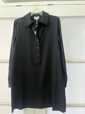 Ganni Black Long-Sleeve Ruffle Collar Shirt Dress